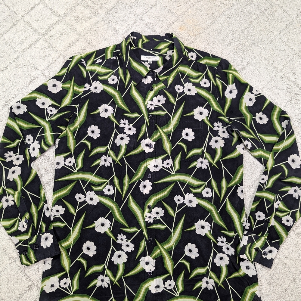 Equipment Dress Womens L Black Green Floral Brett Silk Shirtdress Botanical Chic - Picture 2 of 5